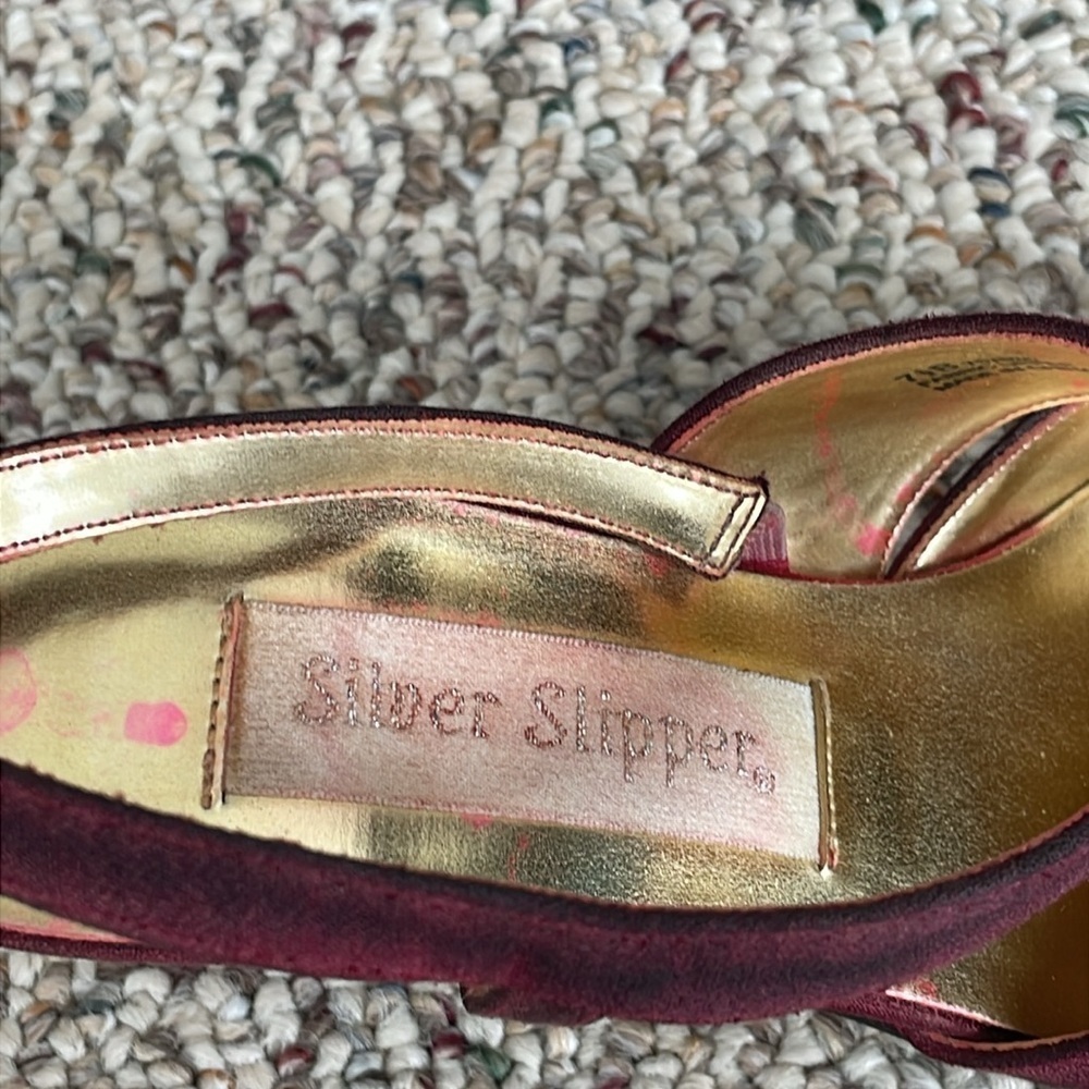 Silver Slipper Burgundy Satin Like Dressy Heels - Picture 3 of 7